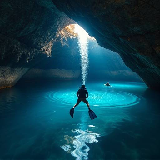 Un subacqueo che esplora una grotta sottomarina in Puglia