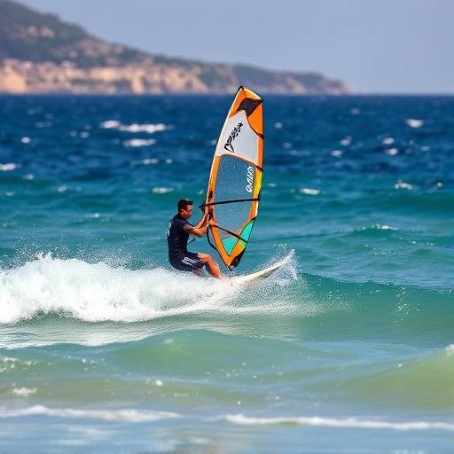Un windsurfer che cavalca le onde in Sardegna