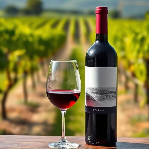 Una bottiglia di vino rosso italiano con un calice pieno sullo sfondo di un vigneto