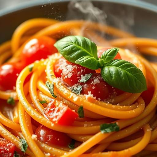 Una porzione fumante di pasta al pomodoro, guarnita con basilico fresco