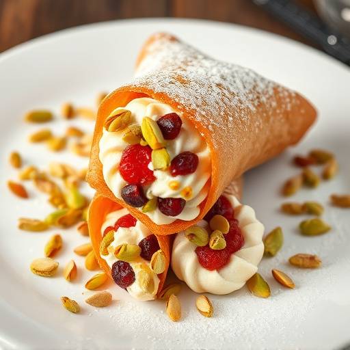 Una selezione di cannoli siciliani ripieni di ricotta dolce e guarniti con canditi e pistacchi