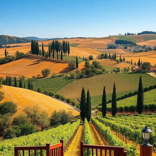 Veduta panoramica delle colline toscane con cipressi e vigneti